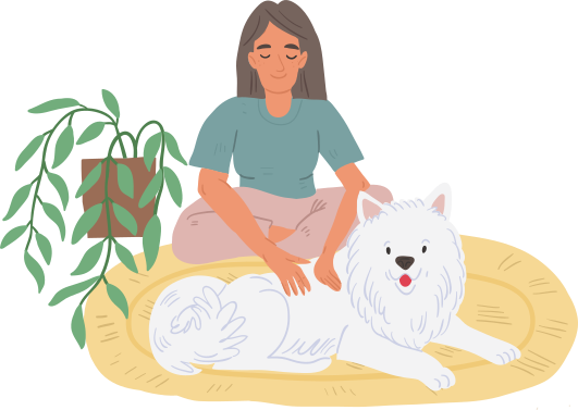 Illustration of a woman sitting on a rug massaging a white dog